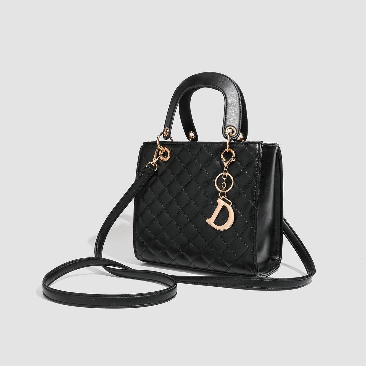 Chic Quilted Faux Leather Top-Handle Handbag with Gold-Tone Charm – Elegant Women's Satchel & Crossbody Bag