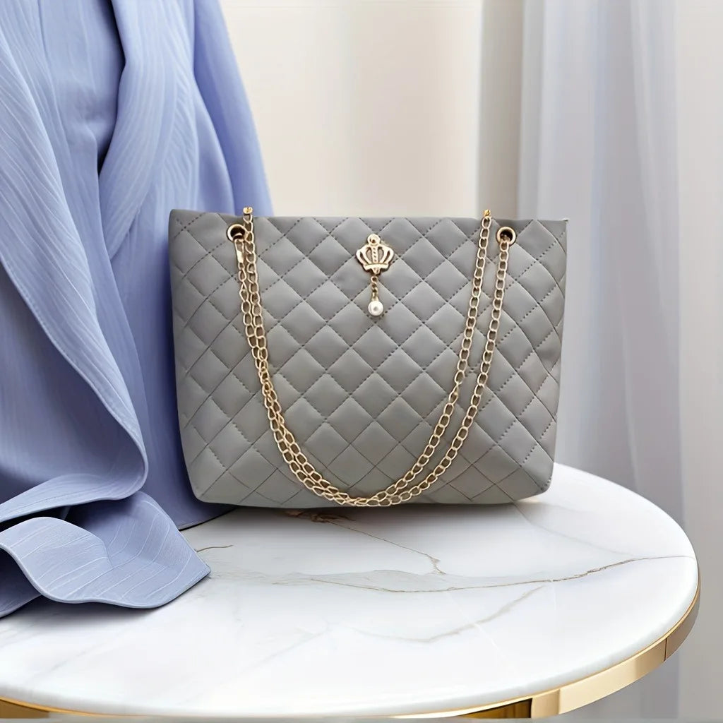Royal Crown Quilted Chain Tote Bag