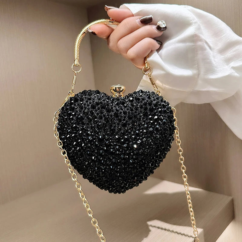 Glamorous Heart-Shaped Rhinestone Evening Clutch and Party Handbag with Gold Handle