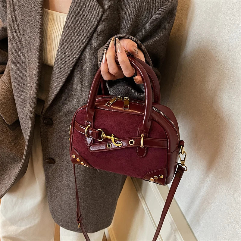Dark Academia Chic Buckled Handbag with Gold Hardware