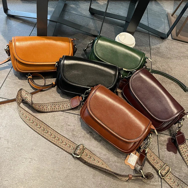 Vintage PU Leather Saddle Crossbody Bag with Wide Woven Guitar Strap