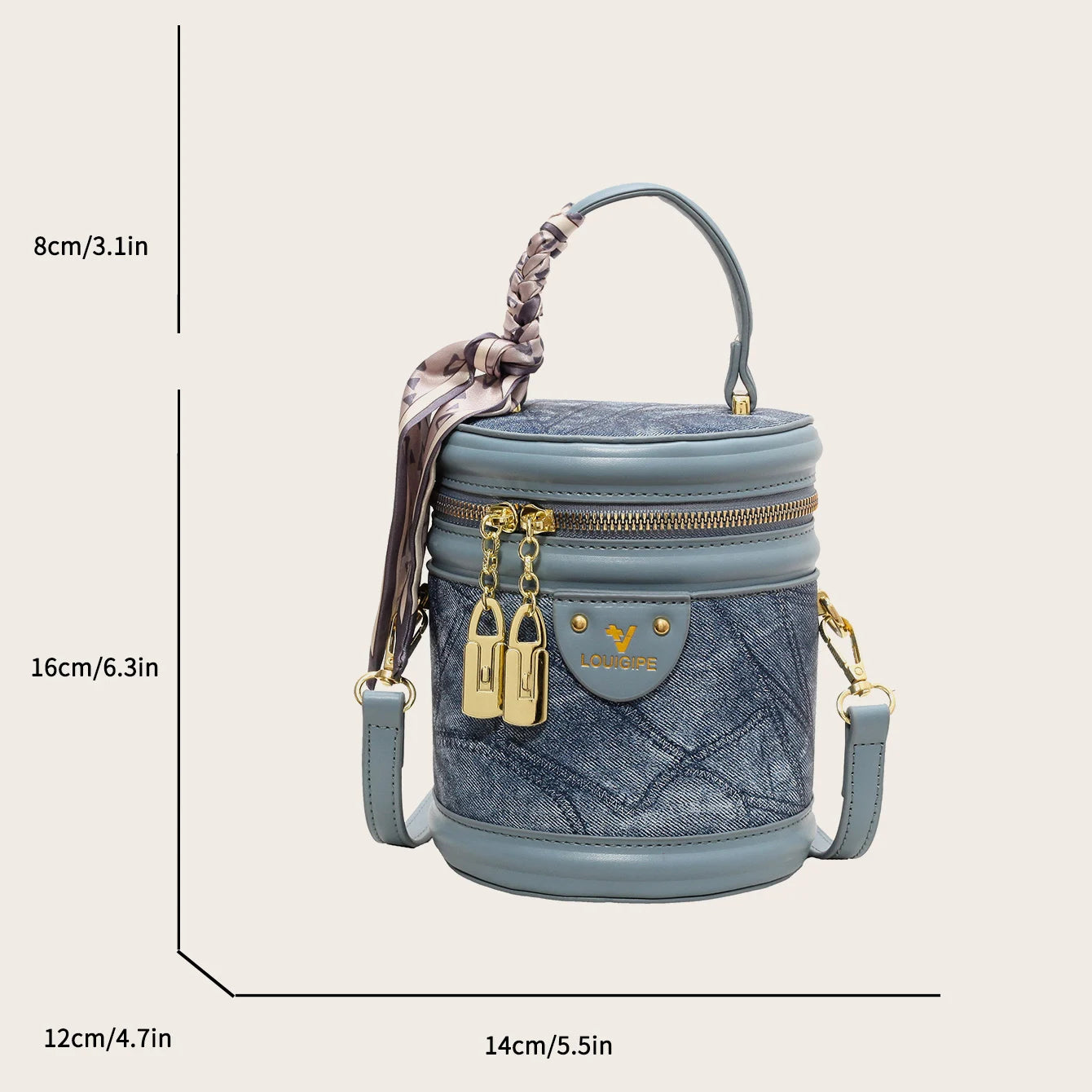 Trendy Round Bucket Crossbody Bag with Top Handle & Scarf Detail