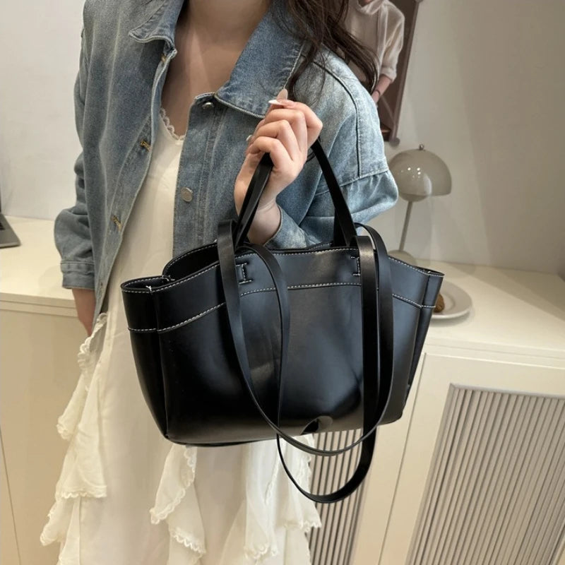 Classic Contrast-Stitch Structured Tote Bag with Double Top Handles (Brown)