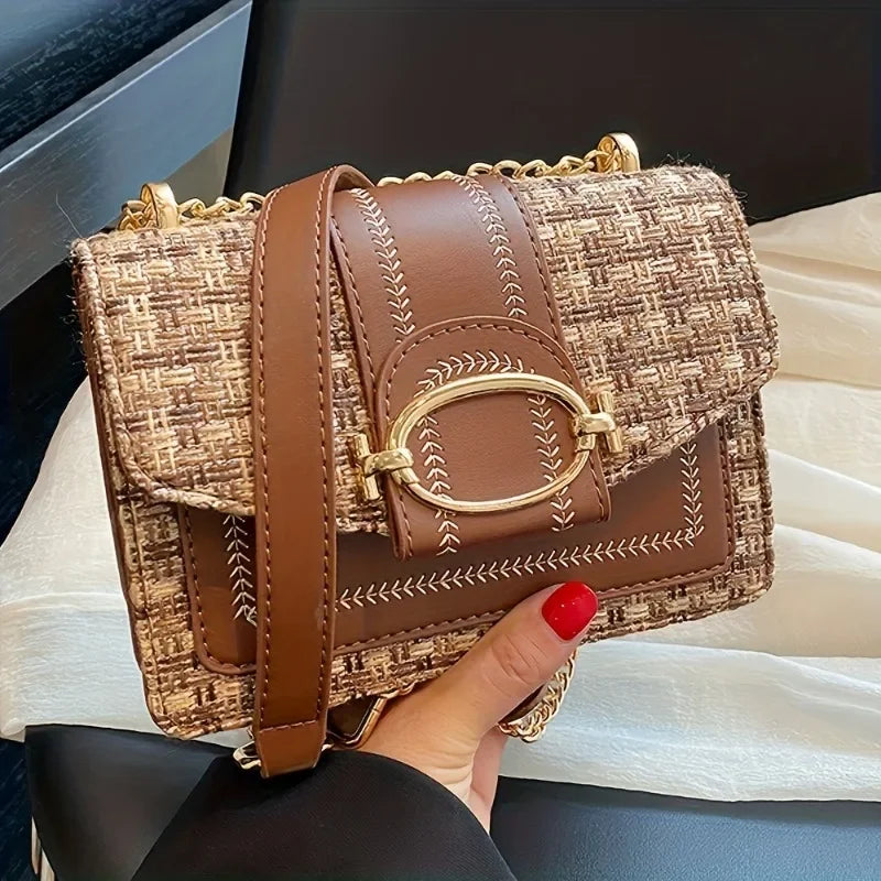 Chic Tweed & PU Leather Flap Crossbody Bag with Gold-Tone Hardware
