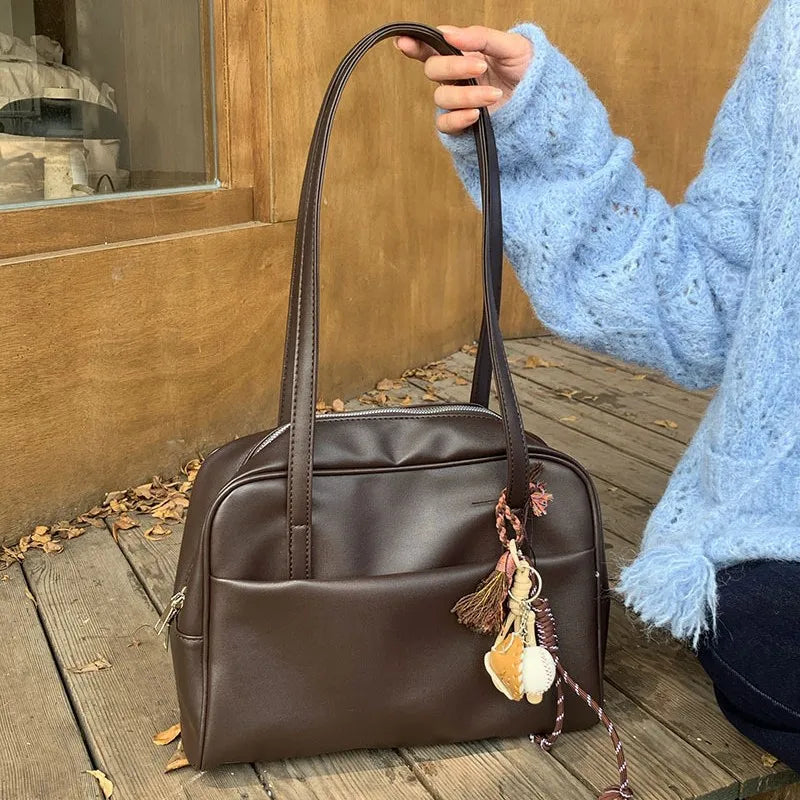 Vintage Dark Brown Leather Shoulder Bag | Retro Boston Duffel Tote with Cute Charm
