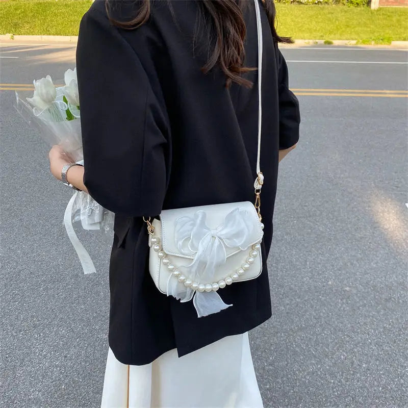 Elegant White Flap Crossbody Bag with Organza Bow & Pearl Chain