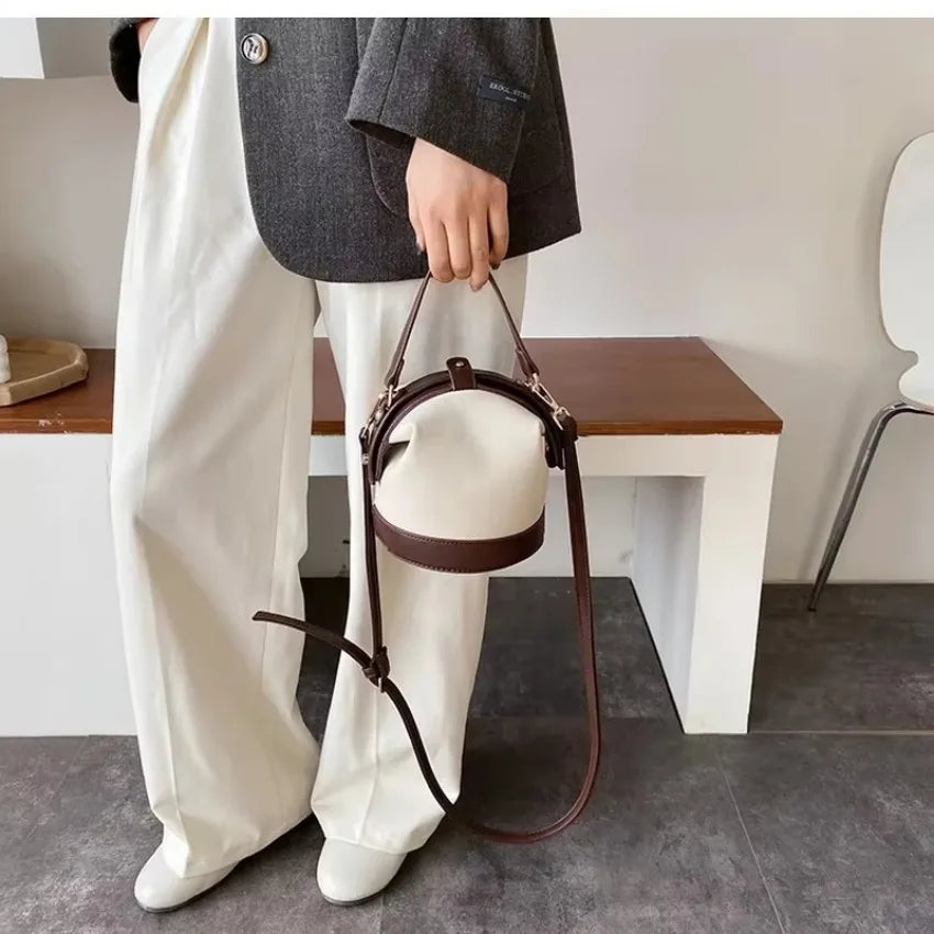 Vintage Two-Tone Suede Bucket Bag - Structured Top Handle Crossbody Handbag with Dark Brown Trim
