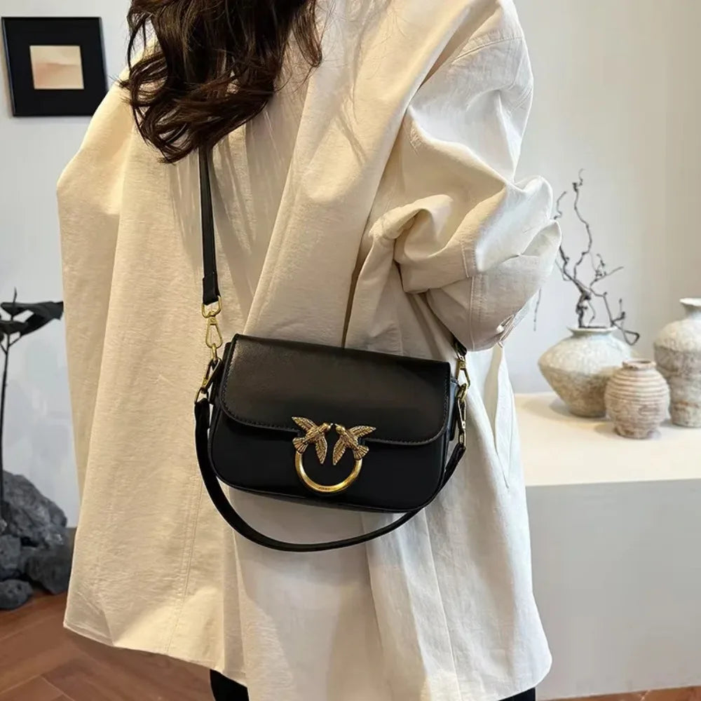 Elegant Maroon PU Leather Crossbody Bag with Gold Bird Clasp
