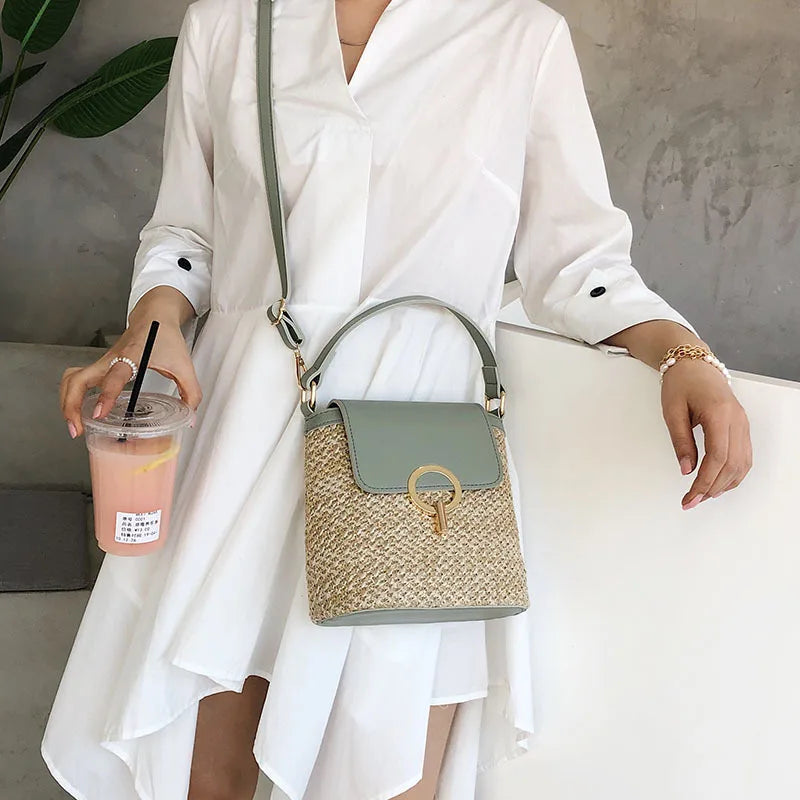 Boho Chic Straw & Leather Bucket Bag | Woven Top-Handle Crossbody Beach Bag