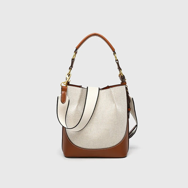 Casual Canvas & Leather Trim Bucket Crossbody Bag