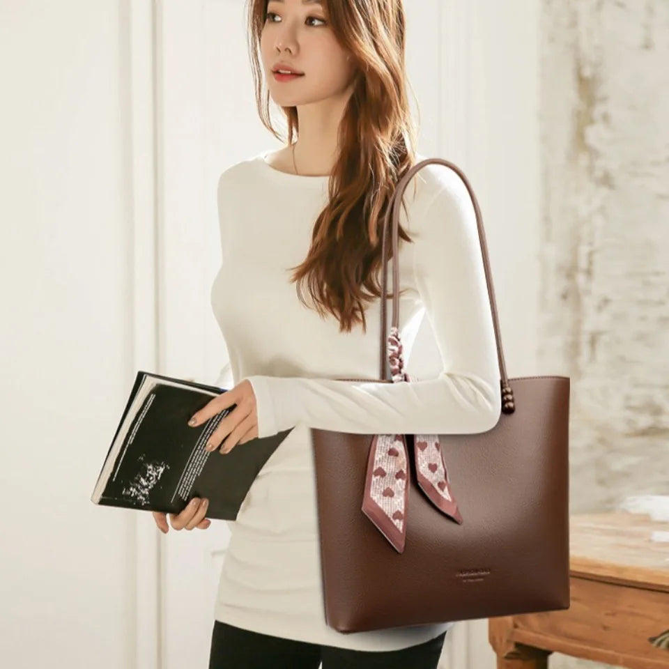 Chic Burgundy Leather Shopping Tote with Scarf Bow
