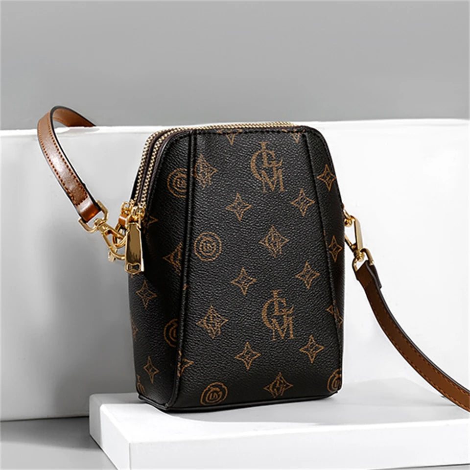 Classic Monogram Pattern Vertical Crossbody Bag with Contrast Brown Strap - Casual Daily Shoulder Handbag
