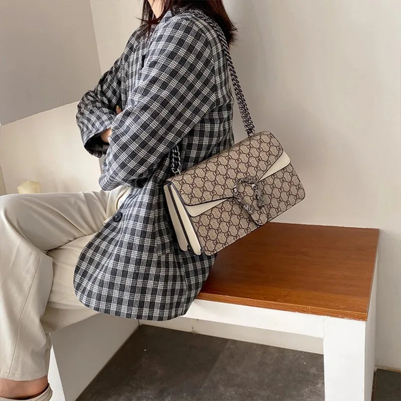 Luxury Monogram Flap Shoulder Bag with Tiger Head Accent & Dark Chain