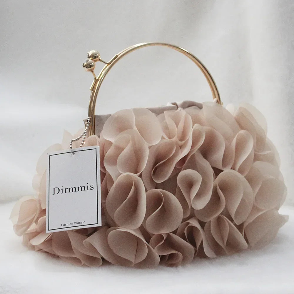Elegant Floral Ruffle Organza Clutch & Handbag with Gold Metal Kiss-Lock Handle