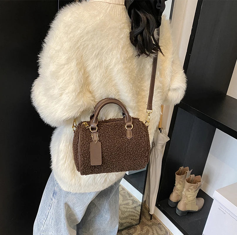 Cozy Sherpa Fleece Barrel Bag with Brown Leather Trim