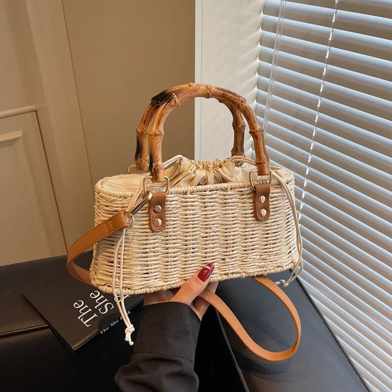 Boho Chic Bamboo Handle Straw Woven Crossbody & Top-Handle Bag