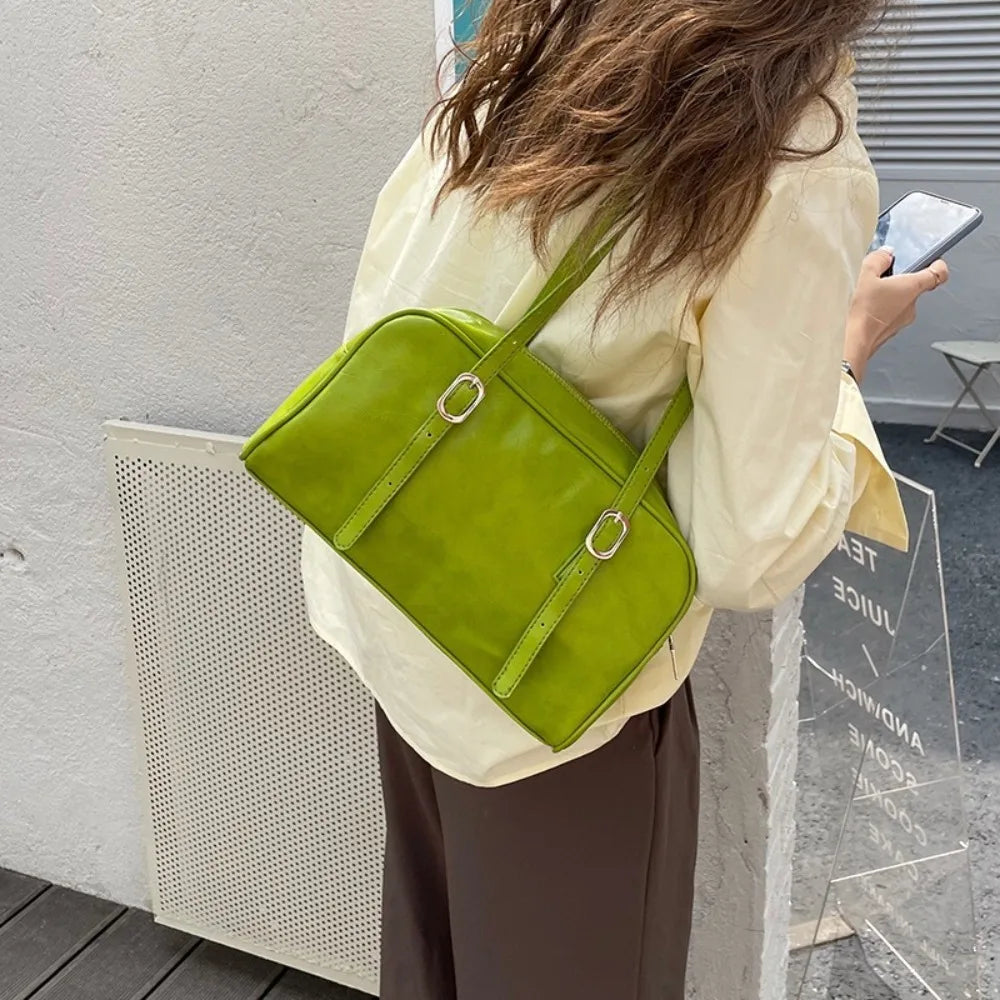 Vibrant Lime Green Casual Shoulder & Tote Bag with Buckle Accents