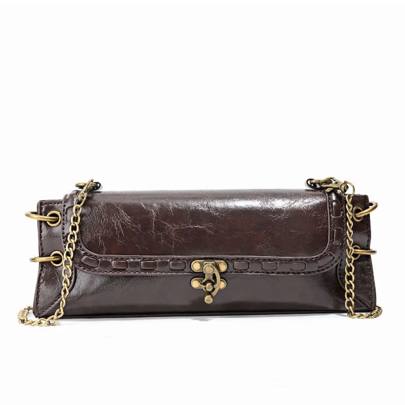 Vintage Olive Green Baguette Shoulder Bag with Brass Chain & Lock