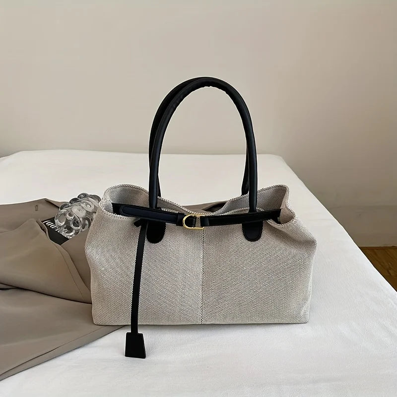 Aura Bags Casual Canvas Tote Bag with Contrast PU Leather Handles and Belt Accent