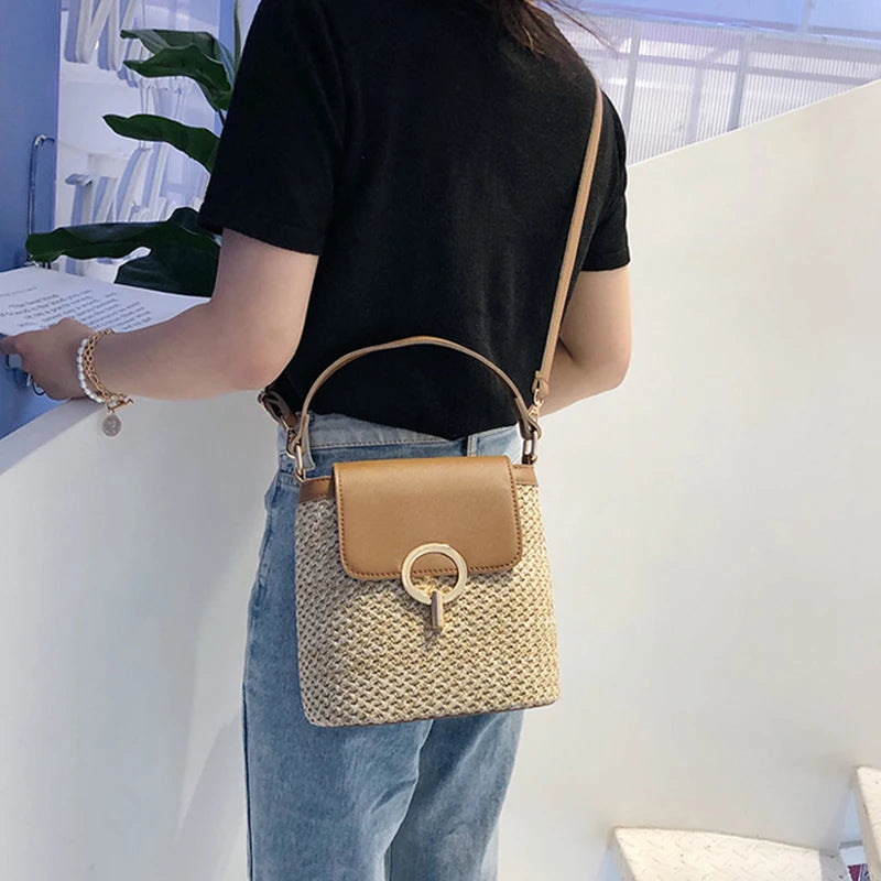 Boho Chic Straw & Leather Bucket Bag | Woven Top-Handle Crossbody Beach Bag