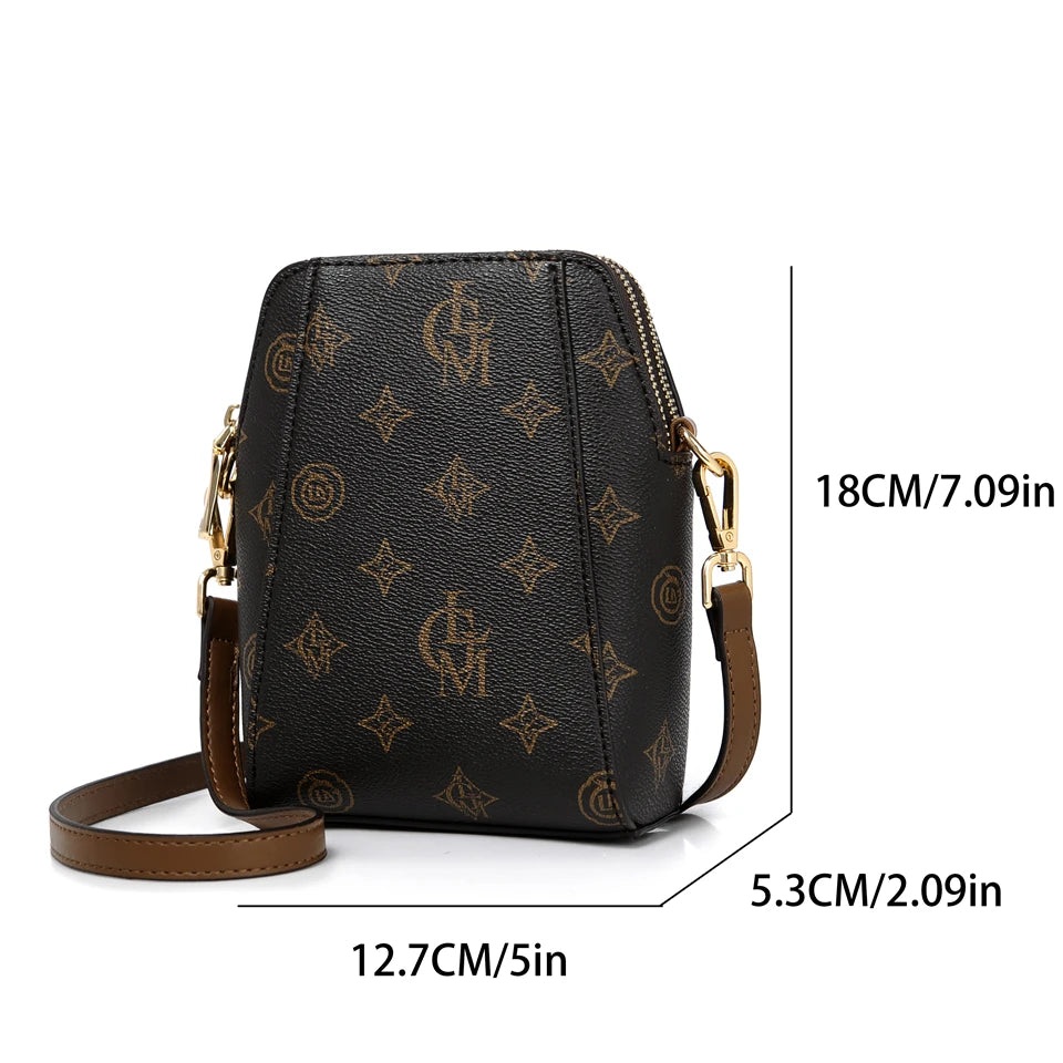 Classic Monogram Pattern Vertical Crossbody Bag with Contrast Brown Strap - Casual Daily Shoulder Handbag