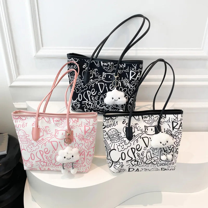 Trendy Graffiti Print Canvas Tote Bag with Cute Cloud Pendant & Shoulder Straps