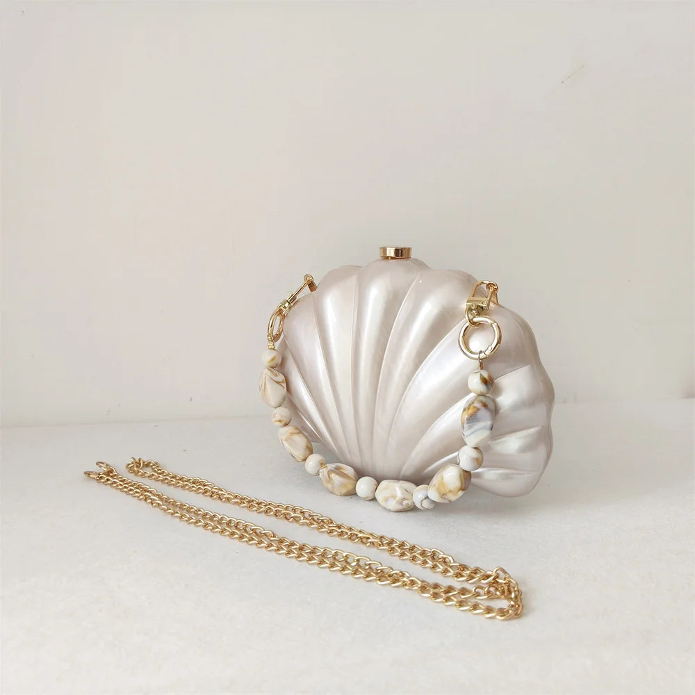 Elegant Pearlescent Seashell Evening Clutch Bag with Marble-Patterned Beaded Chain - Luxury Party Handbag