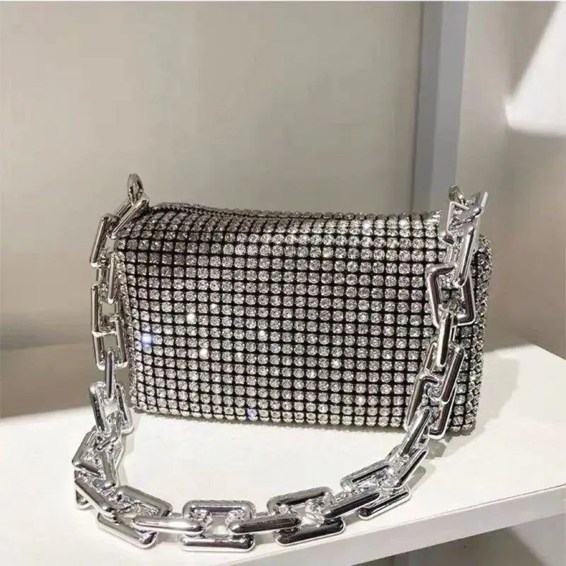 Glamorous Silver Rhinestone Evening Bag | Thick Chain Link Sparkly Crossbody Clutch