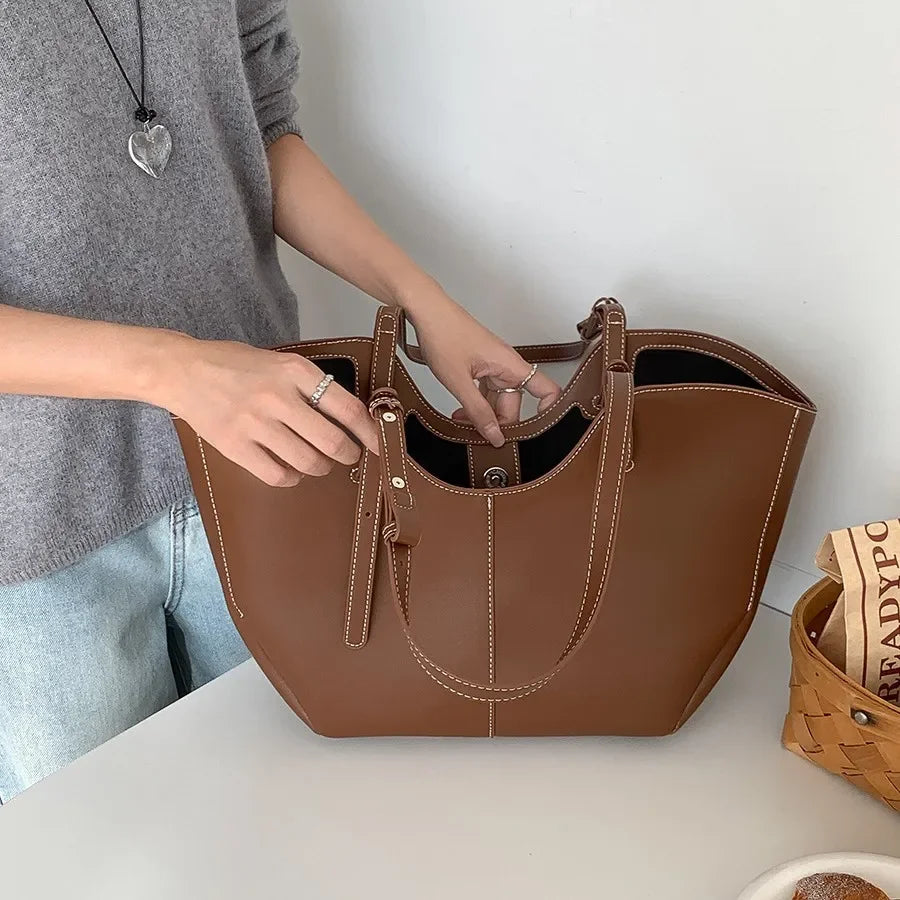 Aesthetic Brown PU Leather Everyday Tote with Contrast Stitching
