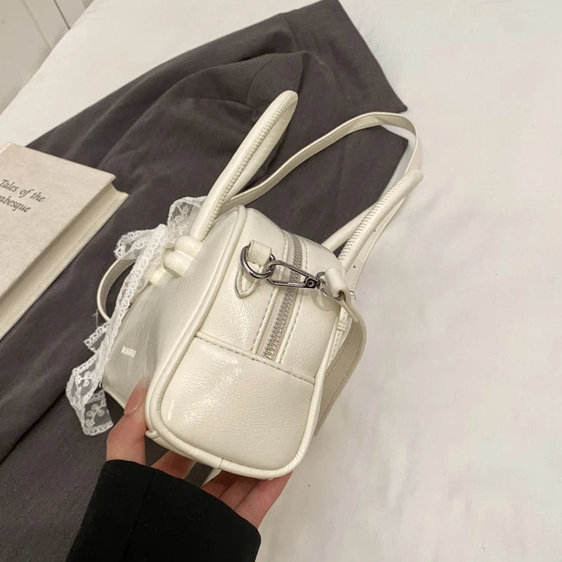 Aesthetic PU Leather Boston Bag / Crossbody Bag with Lace Bow & Heart Pendant