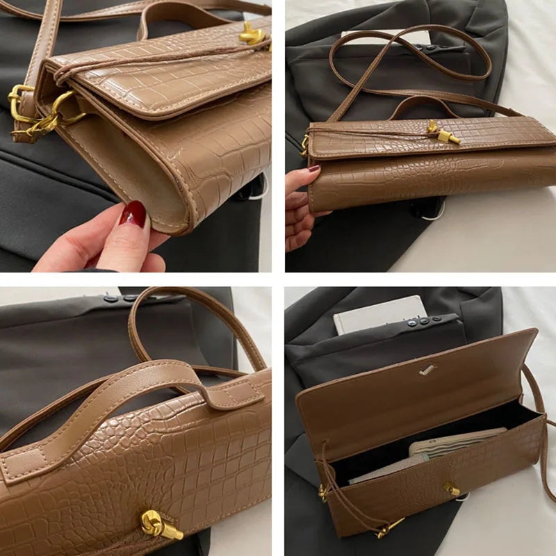 Chic Crocodile Pattern Elongated Shoulder Bag for Women | Elegant Top Handle & Crossbody Handbag with Lock Detail