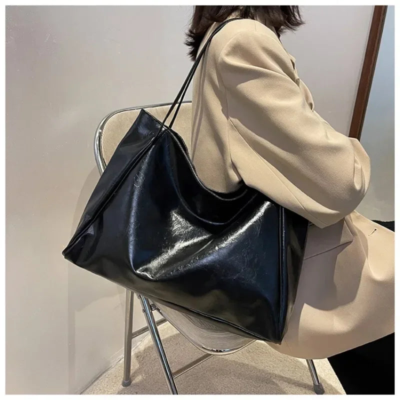 Modern Glossy PU Leather Tote Bag | Large Capacity Soft Shoulder Shopping Bag for Women
