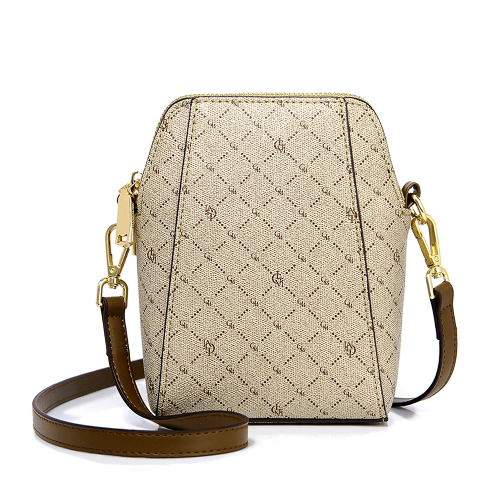 Classic Monogram Pattern Vertical Crossbody Bag with Contrast Brown Strap - Casual Daily Shoulder Handbag