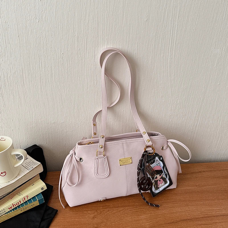 Aura Bags Aesthetic Pastel Pink PU Leather Shoulder Tote Bag with Charms