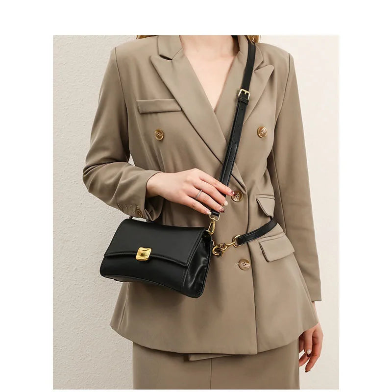 Chic Black PU Leather Shoulder Bag for Women | Elegant Underarm Bag with Gold Hardware & Lock Buckle