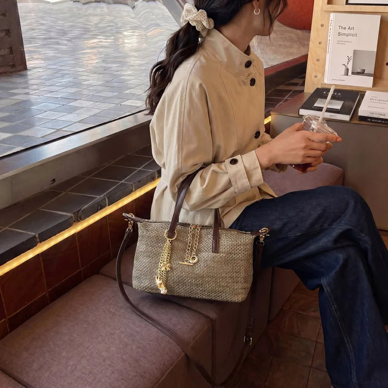 Woven Straw Tote Bag with Brown PU Leather Trim & Gold Chain Charms