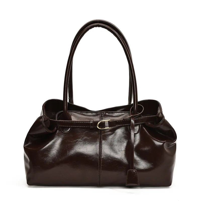 Vintage Dark Red Leather Tote Bag with Buckle Detail & Long Shoulder Straps