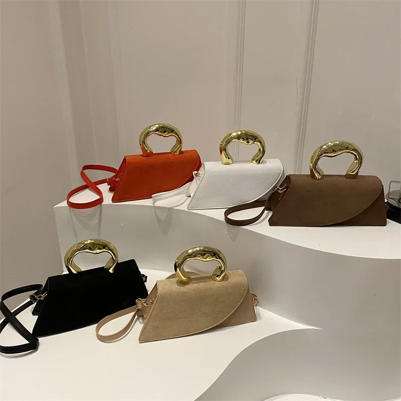 Chic Suede Mini Top Handle & Crossbody Bag with Gold Accent