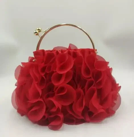 Elegant Floral Ruffle Organza Clutch & Handbag with Gold Metal Kiss-Lock Handle