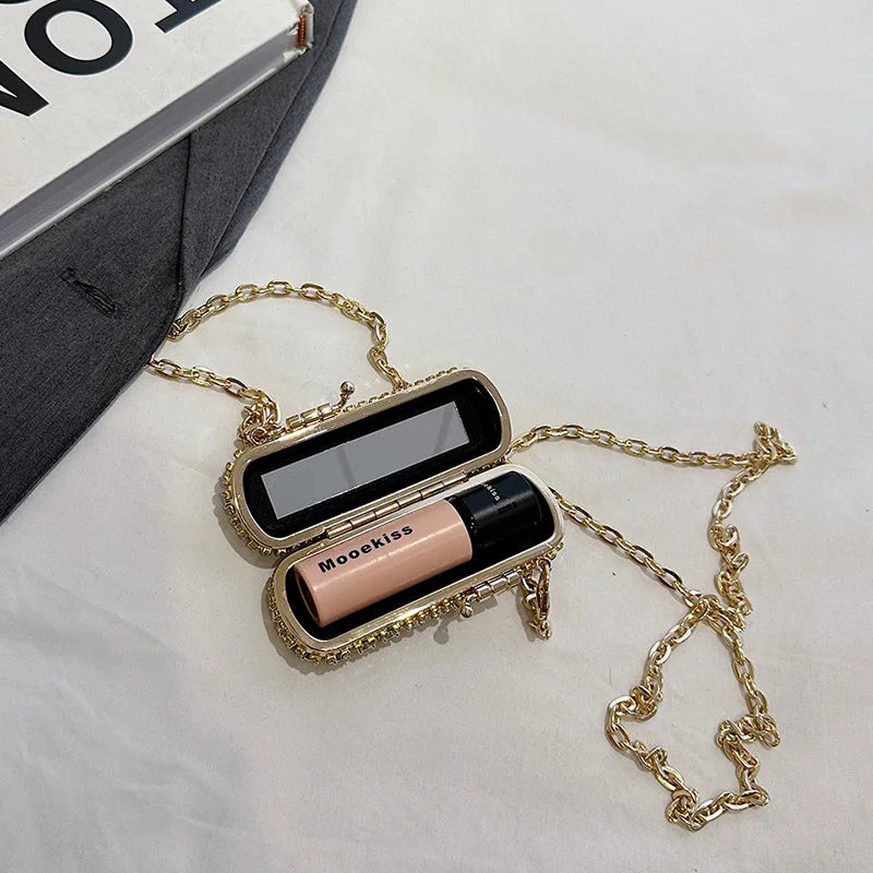 Sparkling Crystal Embellished Mini Cylinder Clutch | Party Wear Gold Handbag with Chain