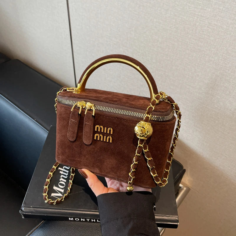 Chic Suede Vanity Box Crossbody Bag with Top Handle and Chain Strap (Multiple Colors)