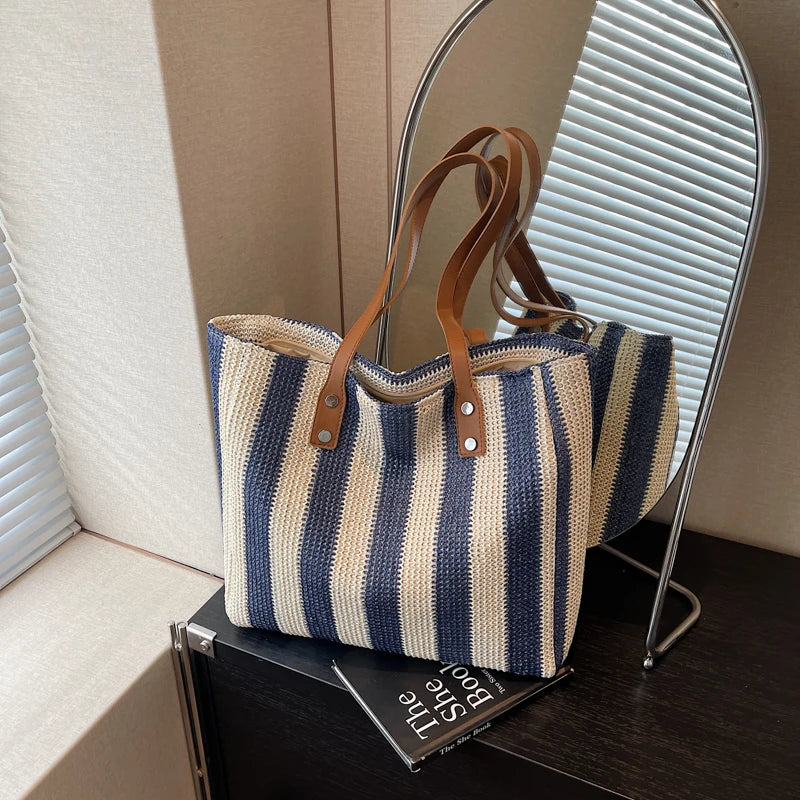 Summer Vacation Striped Straw Handbag with PU Leather Straps