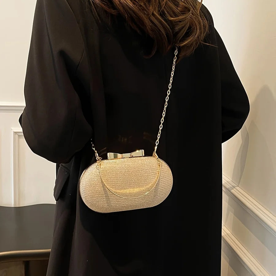 Glitter Evening Oval Clutch Bag - Elegant Gold Ring Handle Hardcase Purse with Chain Strap
