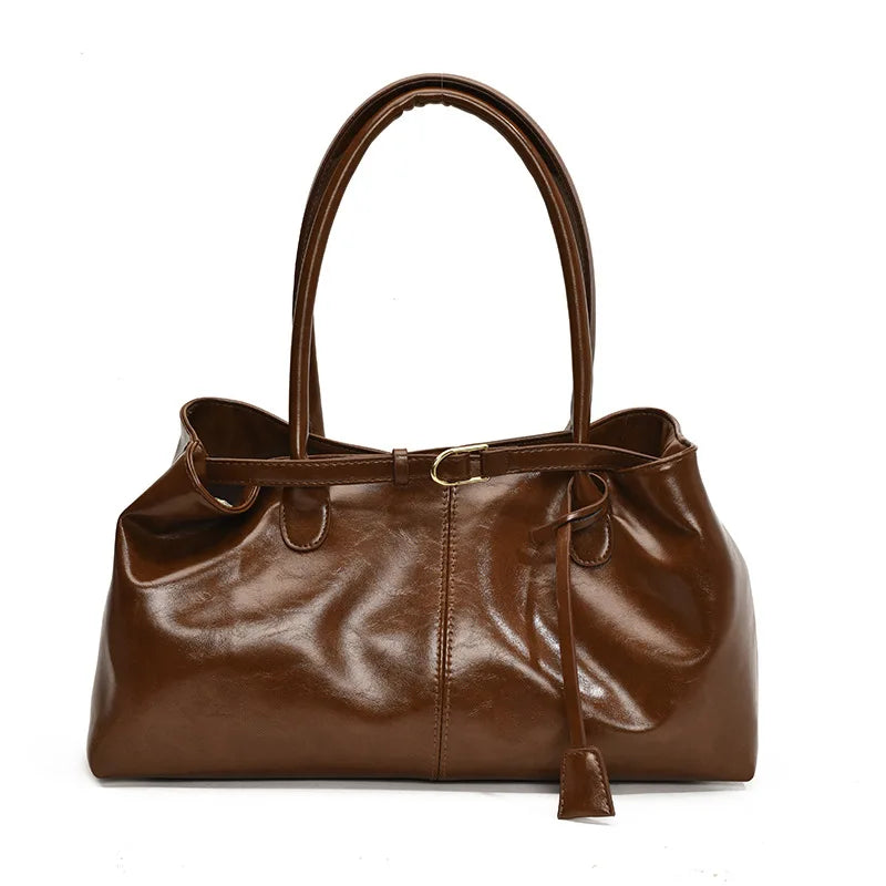 Vintage Dark Red Leather Tote Bag with Buckle Detail & Long Shoulder Straps