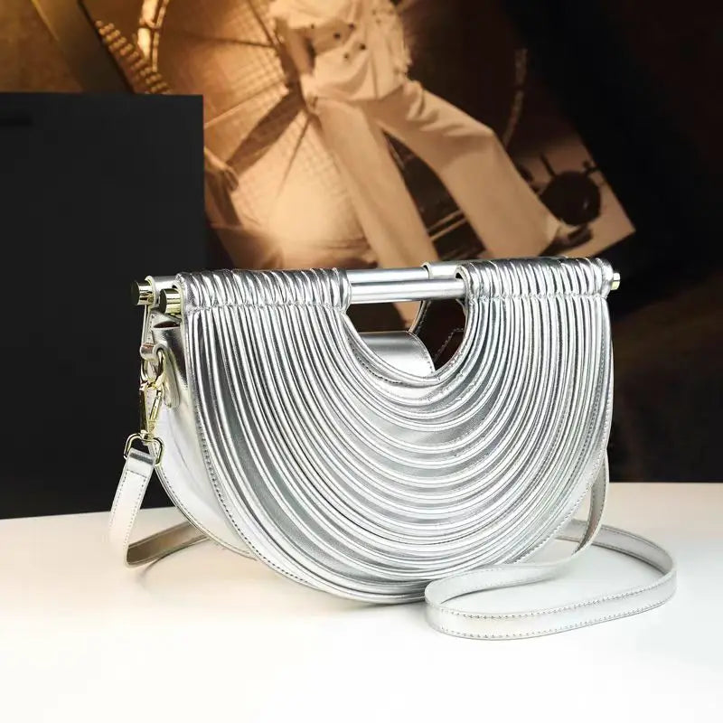 Luxury Metallic Gold Pleated Half-Moon Evening Clutch & Crossbody Bag