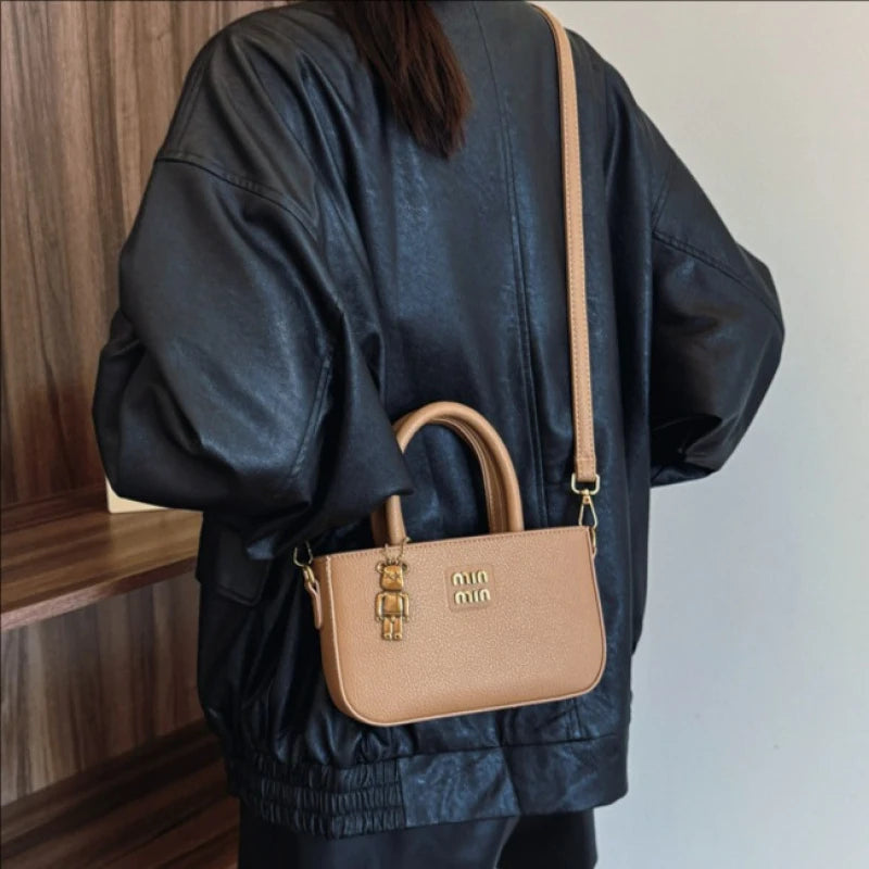 Aura Chic Brown PU Leather Crossbody Bag | Aesthetic Top Handle Handbag with Bear Charm