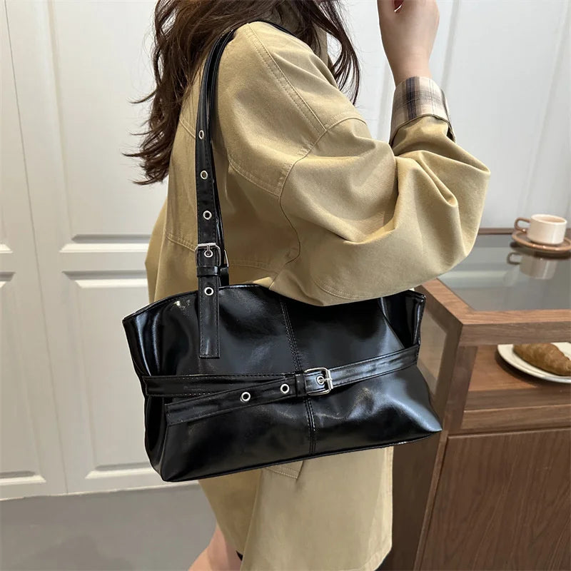 Vintage Wine Red Patent Leather Tote Bag | Stylish Buckle Strap Handbag with Eyelet Details