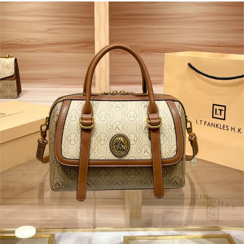 Premium Monogram Boston Handbag - Vintage Canvas Crossbody & Top-Handle Bag for Women