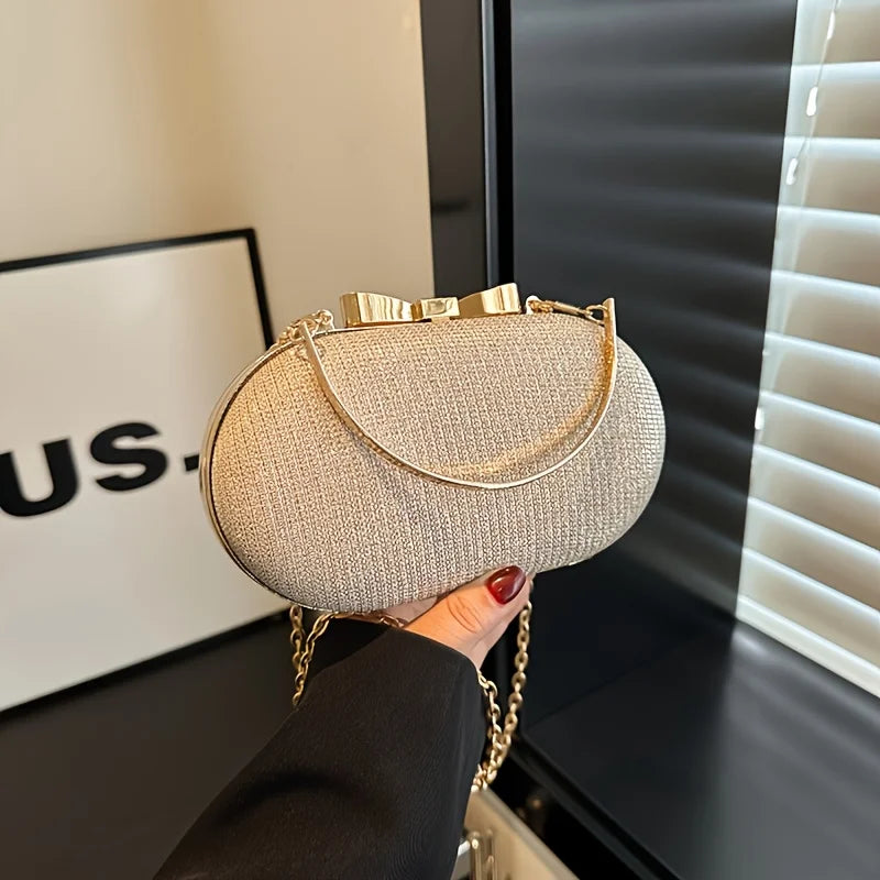 Glitter Evening Oval Clutch Bag - Elegant Gold Ring Handle Hardcase Purse with Chain Strap