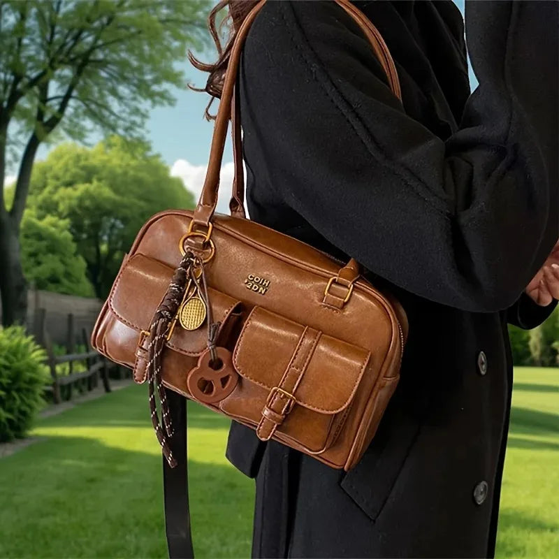 Vintage Brown Leather Cargo Shoulder Bag